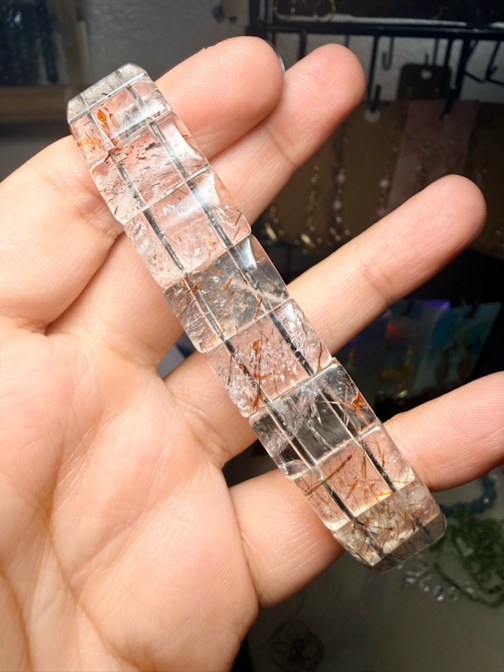 Rutilated Quartz Chunky Bangle Natural Gold Rutile Quartz Stretch Bracelet - Picture 4 of 5